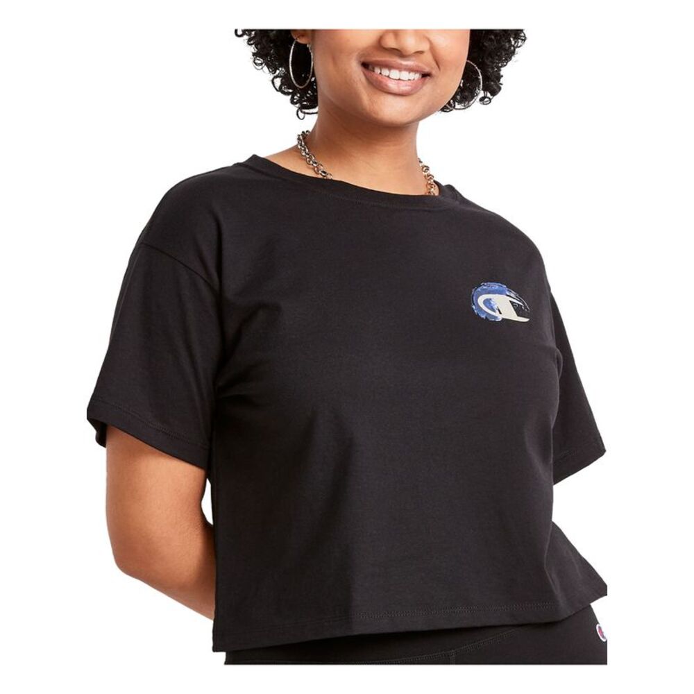 CHAMPION Womens Black Ribbed Cropped Logo Short Sleeve Crew Neck T-Shirt XS